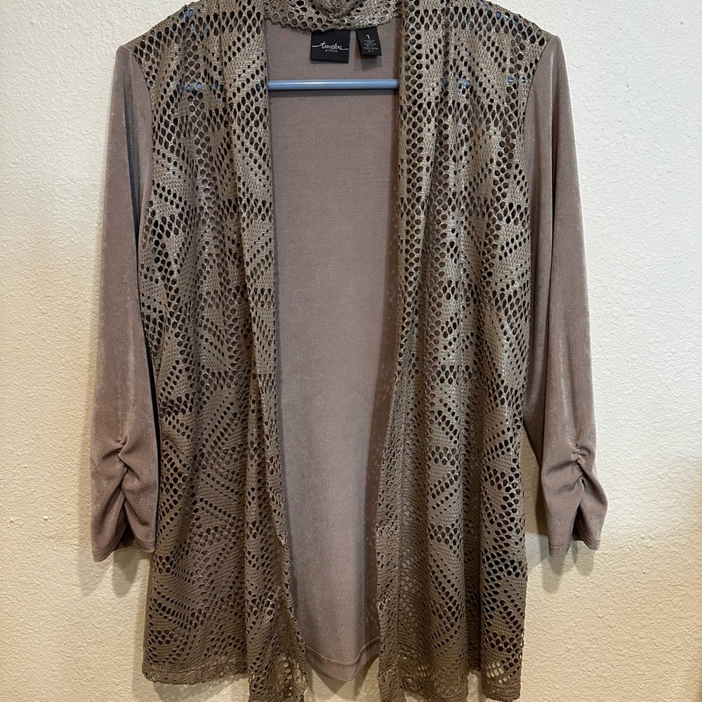 Travelers at Chico’s Taupe Cardigan with Lace Pattern—Size 1